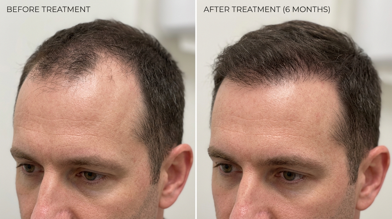 Real clinical before and after photo showing improved male hairline after microneedling for hair loss at Skin Esthetics Clinic Romford